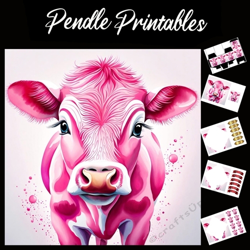 Pretty Pink Cow 7x7 Card Kit. Matching Box, Gift Bauble,Tag