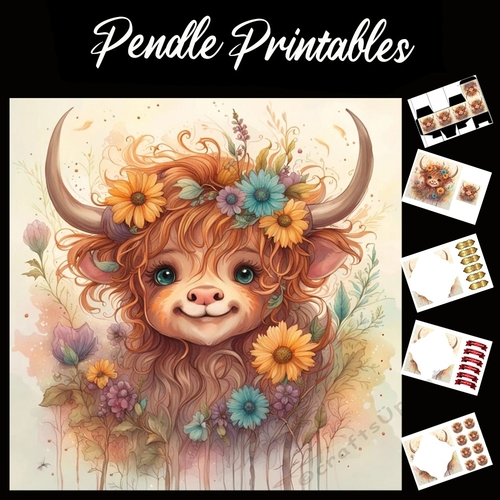 Flower Girl Highland Calf (6) 7x7 Card Kit. Matching Box, Gift Bauble,Tag