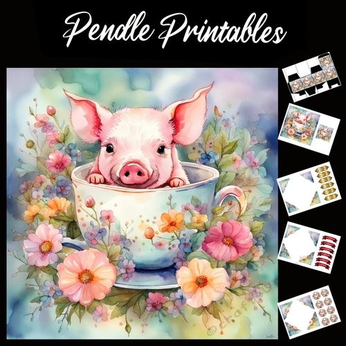 Piglets Teacup 7x7 Card Kit. Matching Box, Gift Bauble,Tag
