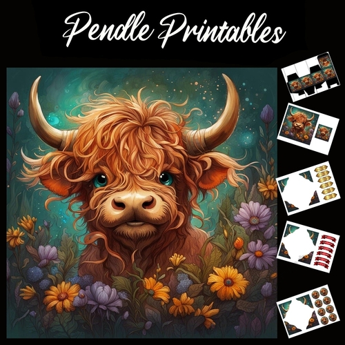 Scruffy Cow 7x7 Card Kit. Matching Box, Gift Bauble,Tag