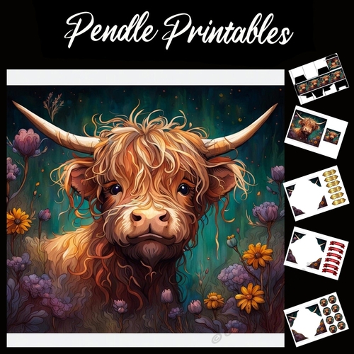 Scruffy Cow (2) 7x7 Card Kit. Matching Box, Gift Bauble,Tag