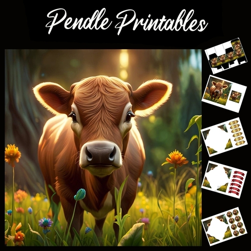 Sunset Cow 7x7 Card Kit. Matching Box, Gift Bauble,Tag