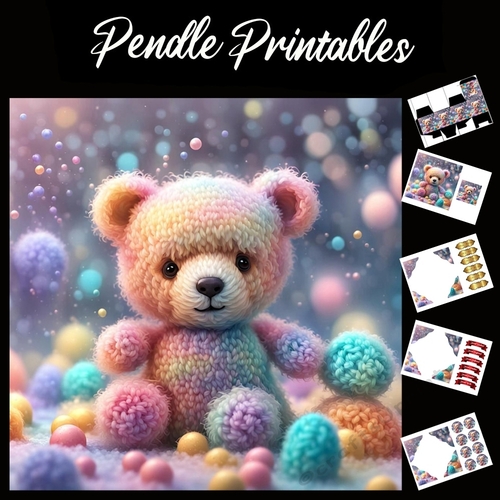 Knitted Teddy Bear 7x7 Card Kit. Matching Box, Gift Bauble,Tag