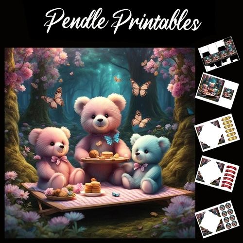 Teddy Bears Picnic 7x7 Card Kit. Matching Box, Gift Bauble,Tag