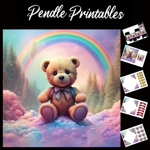 Teddy Bears Rainbow 7x7 Card Kit. Matching Box, Gift Bauble,Tag