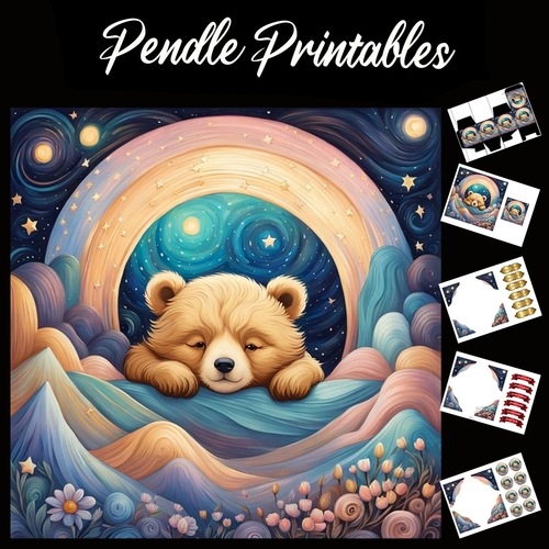 Sleepy Bedtime Bear 7x7 Card Kit. Matching Box, Gift Bauble,Tag