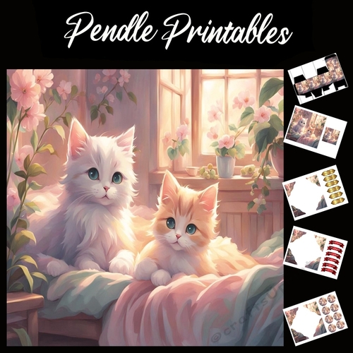 Two Cute Cats 7x7 Card Kit. Matching Box, Gift Bauble,Tag