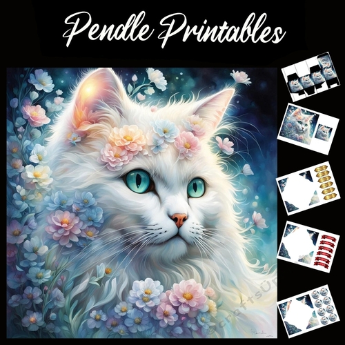 White Floral Cat 7x7 Card Kit. Matching Box, Gift Bauble,Tag
