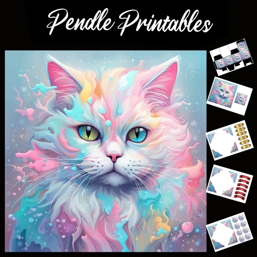 Painted Cat 7x7 Card Kit. Matching Box, Gift Bauble,Tag