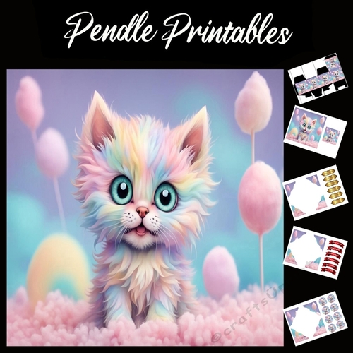 Candyfloss Kitten 7x7 Card Kit. Matching Box, Gift Bauble,Tag
