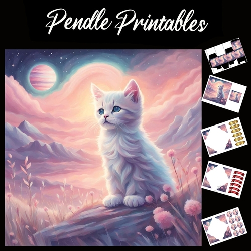 Out Of This World Kitten 7x7 Card Kit. Matching Box, Gift Bauble,Tag