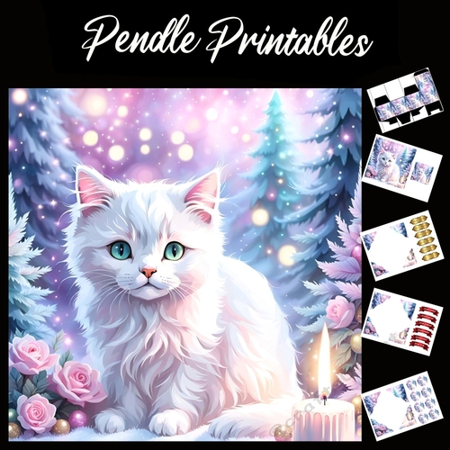 Snow White Kitten 7x7 Card Kit. Matching Box, Gift Bauble,Tag