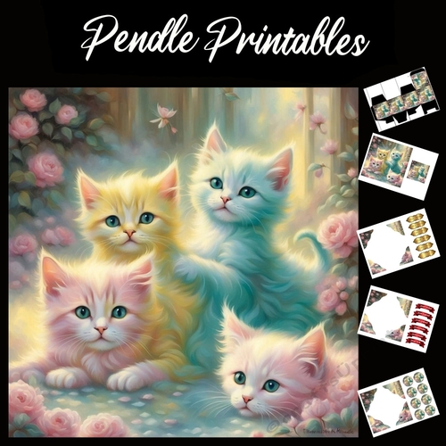 The Colourful Kittens 7x7 Card Kit. Matching Box, Gift Bauble,Tag