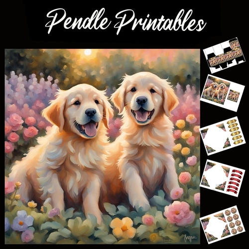 Sunset Puppies 7x7 Card Kit. Matching Box, Gift Bauble,Tag