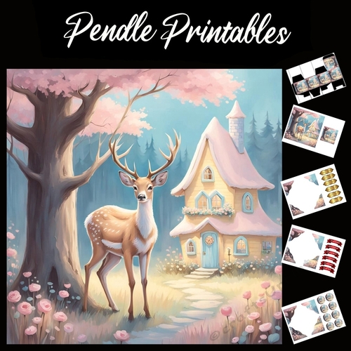 Candy House Deer 7x7 Card Kit. Matching Box, Gift Bauble,Tag