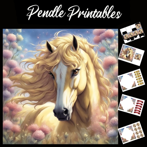 The Golden Horse 7x7 Card Kit. Matching Box, Gift Bauble,Tag