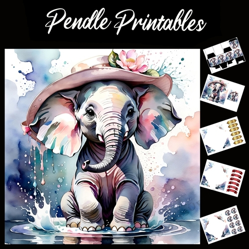 Beautiful Bonnet Elephant 7x7 Card Kit. Matching Box, Gift Bauble,Tag