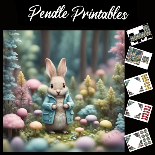 Cute Blue Coat Rabbit 7x7 Card Kit. Matching Box, Gift Bauble,Tag