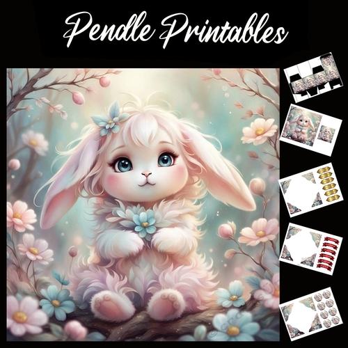 Cute Pink Fluffy Rabbit 7x7 Card Kit. Matching Box, Gift Bauble,Tag