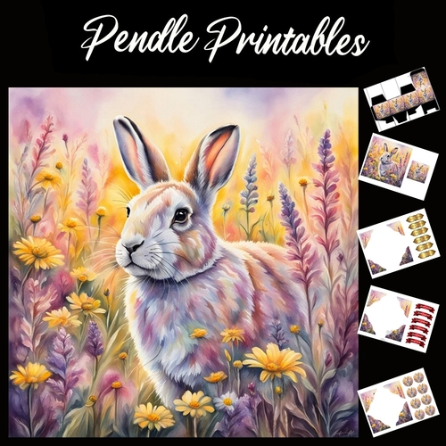 Purple Heather Rabbit 7x7 Card Kit. Matching Box, Gift Bauble,Tag