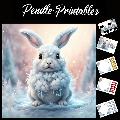 Snowy The Rabbit 7x7 Card Kit. Matching Box, Gift Bauble,Tag