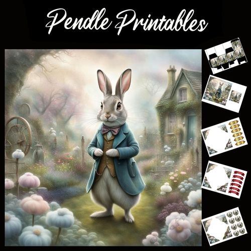 Blue Coat Rabbit (2) 7x7 Card Kit. Matching Box, Gift Bauble,Tag