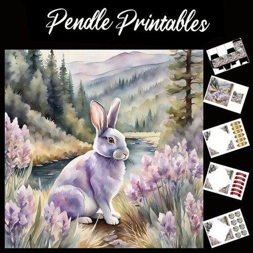 Lavender Rabbit 7x7 Card Kit. Matching Box, Gift Bauble,Tag