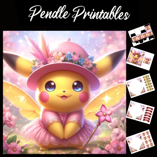 Pretty In Pink Pikachu Fairy 7x7 Card Kit. Matching Box, Gift Bauble,Tag
