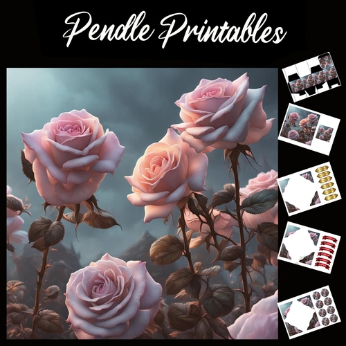 Pink Roses 7x7 Card Kit. Matching Box, Gift Bauble,Tag