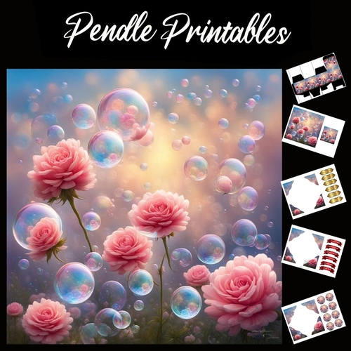 Roses & Bubbles 7x7 Card Kit. Matching Box, Gift Bauble,Tag