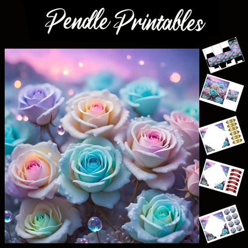 Colourful Roses 7x7 Card Kit. Matching Box, Gift Bauble,Tag