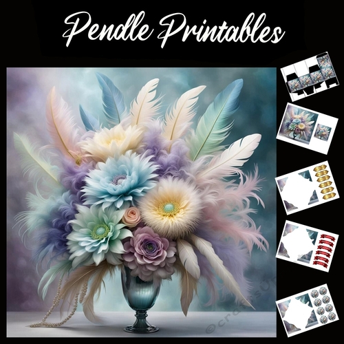 Flowers & Feathers 7x7 Card Kit. Matching Box, Gift Bauble,Tag