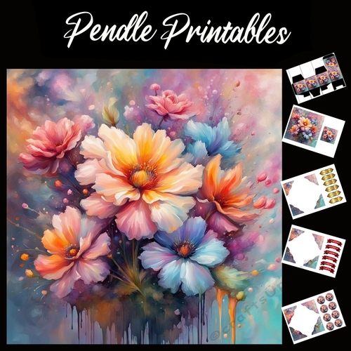 Splatter Art: Flowers 7x7 Card Kit. Matching Box, Gift Bauble,Tag
