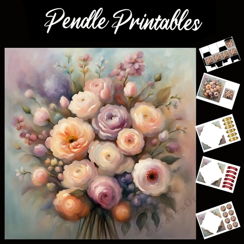 Painted Flowers 7x7 Card Kit. Matching Box, Gift Bauble,Tag