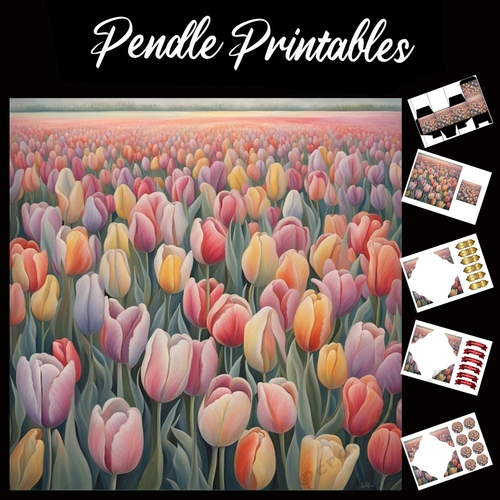 Tulip Meadow 7x7 Card Kit. Matching Box, Gift Bauble,Tag