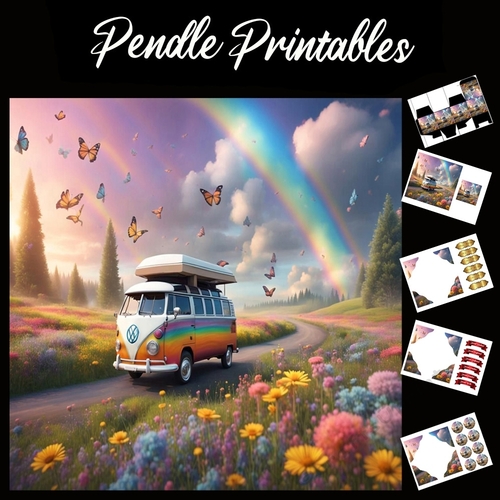 Camper Vans Summer Vacation 7x7 Card Kit. Matching Box, Gift Bauble,Tag