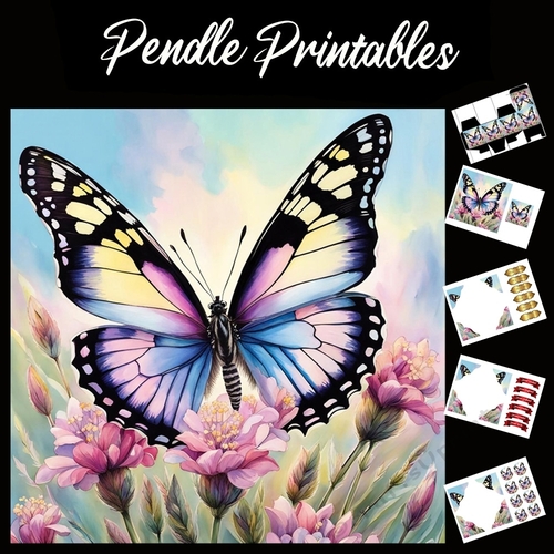 Flower Butterfly 7x7 Card Kit. Matching Box, Gift Bauble,Tag