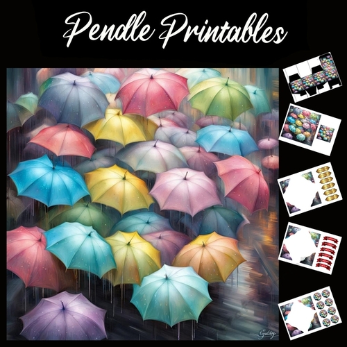 Umbrellas 7x7 Card Kit. Matching Box, Gift Bauble,Tag