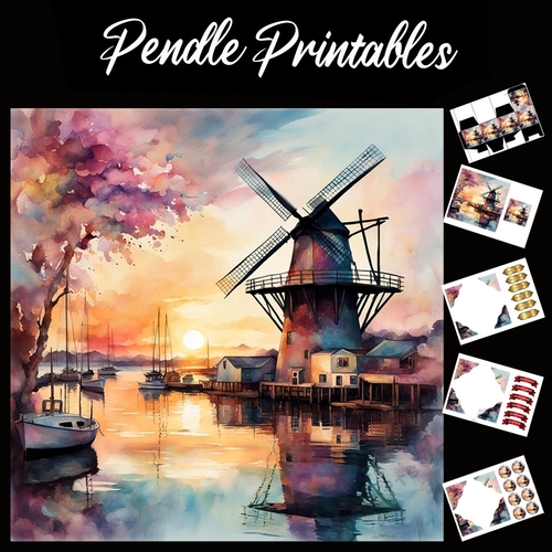 Waters Edge Windmill 7x7 Card Kit. Matching Box, Gift Bauble,Tag