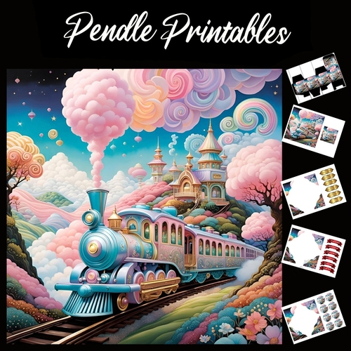 Candyland Train 7x7 Card Kit. Matching Box, Gift Bauble,Tag