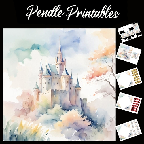 Watercolour Castle 7x7 Card Kit. Matching Box, Gift Bauble,Tag