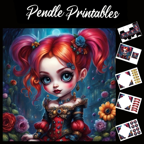 Red Haired Gothic Girl 7x7 Card Kit. Matching Box, Gift Bauble,Tag