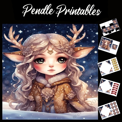 Folklore Style Deer Girl 7x7 Card Kit. Matching Box, Gift Bauble,Tag