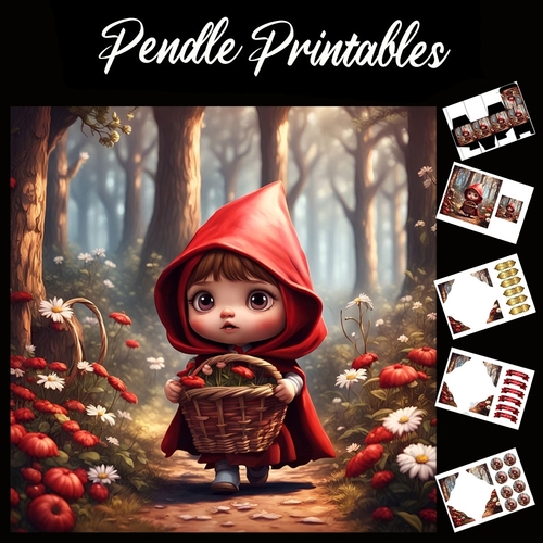 Red Riding 7x7 Card Kit. Matching Box, Gift Bauble,Tag