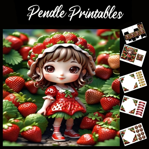 Cute Strawberry Girl 7x7 Card Kit. Matching Box, Gift Bauble,Tag