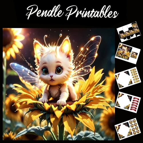 Cute Sunflower Kitten Fairy 7x7 Card Kit. Matching Box, Gift Bauble,Tag