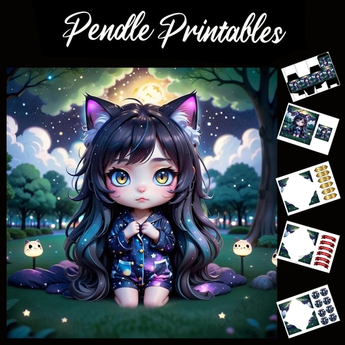 Anime Style Cute Cat Girl  7x7 Card Kit. Matching Box, Gift Bauble,Tag