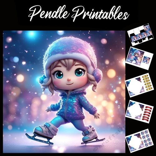 Cute Ice Skater 7x7 Card Kit. Matching Box, Gift Bauble,Tag