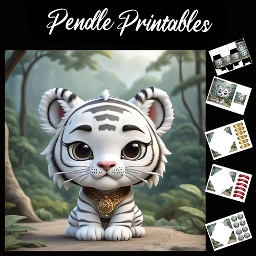 Cute White Tiger 7x7 Card Kit. Matching Box, Gift Bauble,Tag