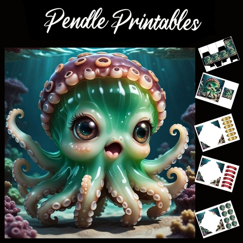 Cute Octopus 7x7 Card Kit. Matching Box, Gift Bauble,Tag